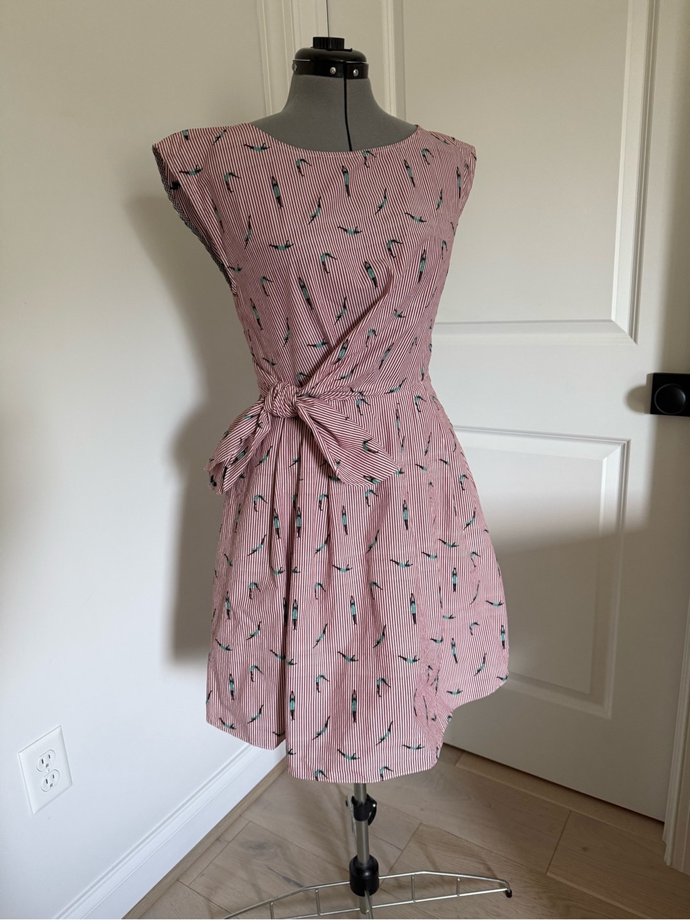 Maeve Pink Striped Tie-Waist Mini Dress with Bird Print